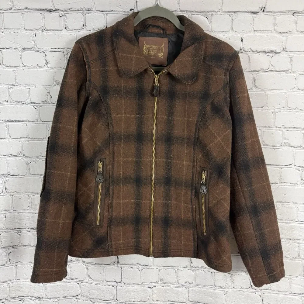 Ruff Hewn Full Zip Jacket Wool Blend Elbow Patch Womens L Brown Plaid Zip Pocket - Picture 2 of 13